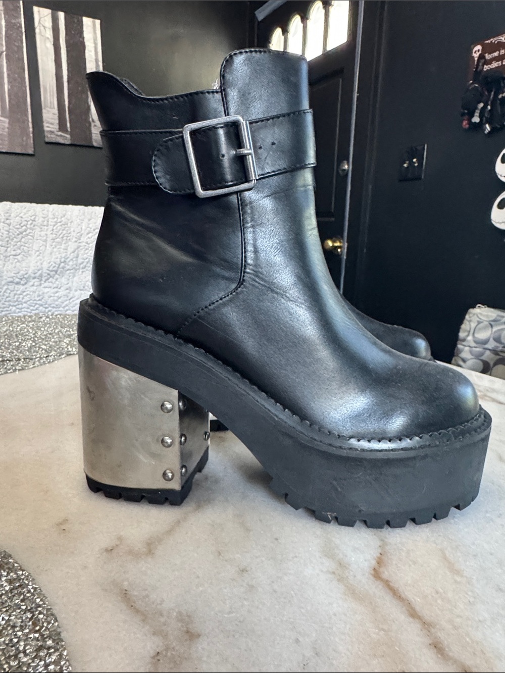 Killstar Black Leather Platform Ankle Boots with Silver Block Heel